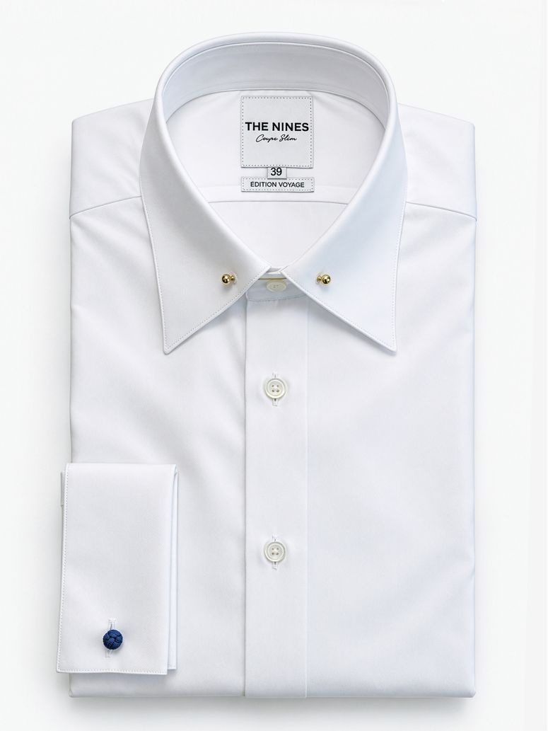 Wrinkle-free white shirt with golden brass pin collar and French cuffs