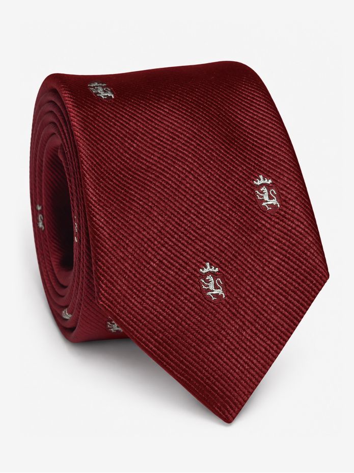 Carmine red silk tie with lion patterns