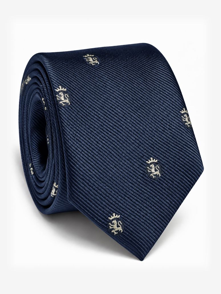 Navy blue silk tie with lion motifs