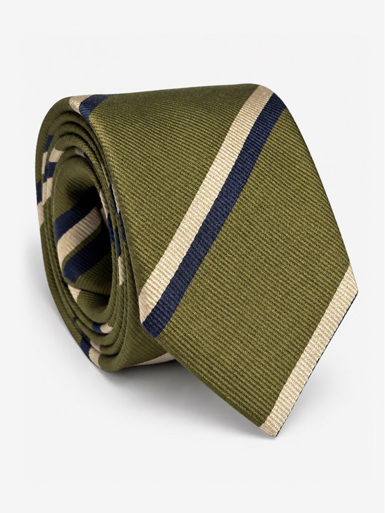 Green silk club tie with navy and cream stripes