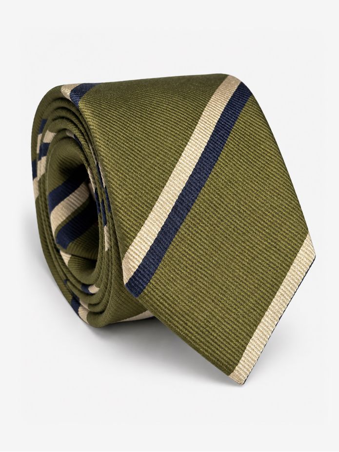 Green silk club tie with navy and cream stripes
