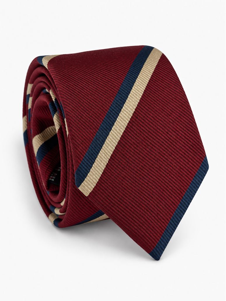 Burgundy silk club tie with navy and cream stripes