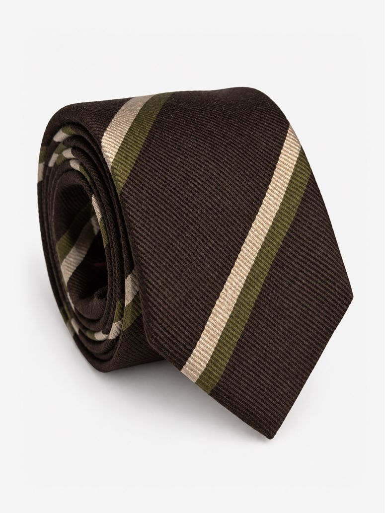 Brown silk club tie with green and cream stripes