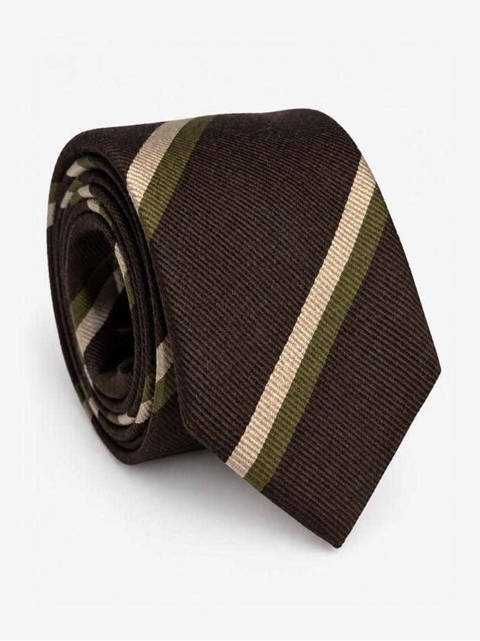 Brown silk club tie with green and cream stripes