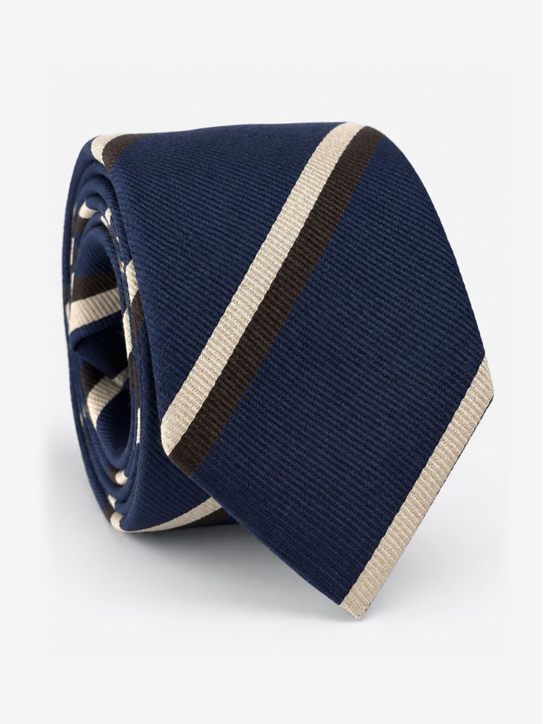 Navy silk club tie with brown and cream stripes