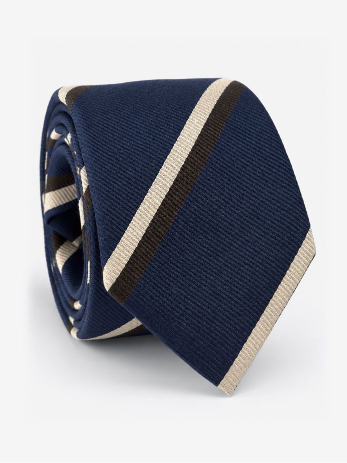 Navy silk club tie with brown and cream stripes