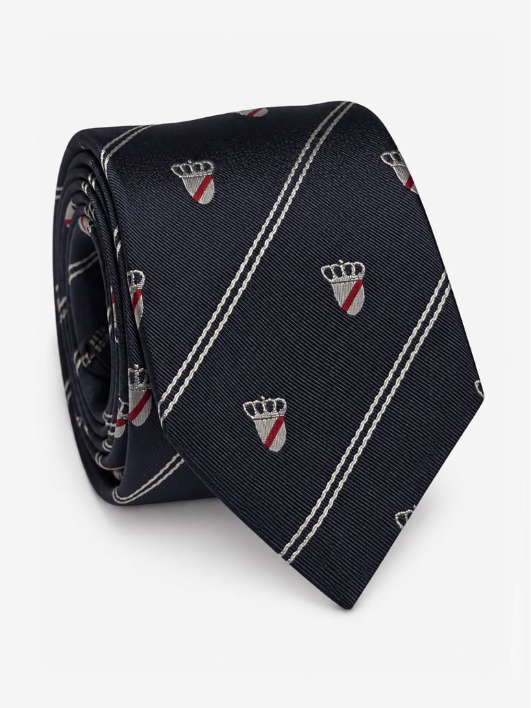 Navy silk tie with coat of arms motifs