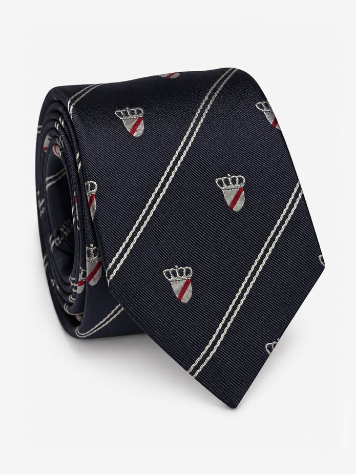 Navy silk tie with coat of arms motifs