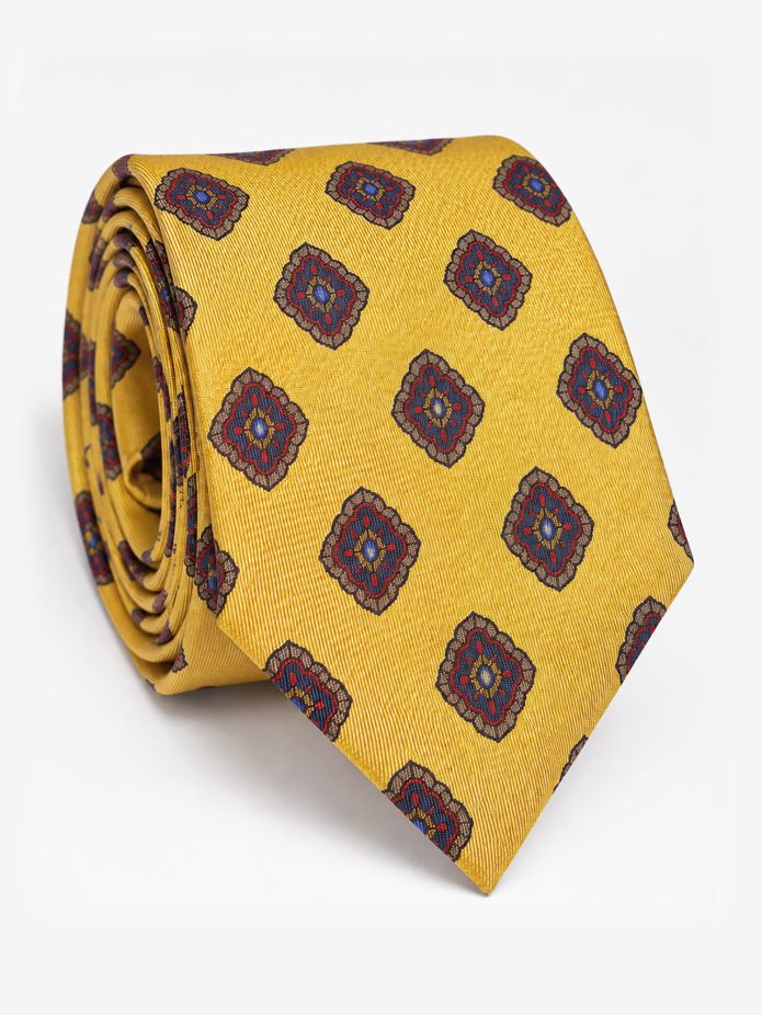 Yellow silk tie with retro patterns