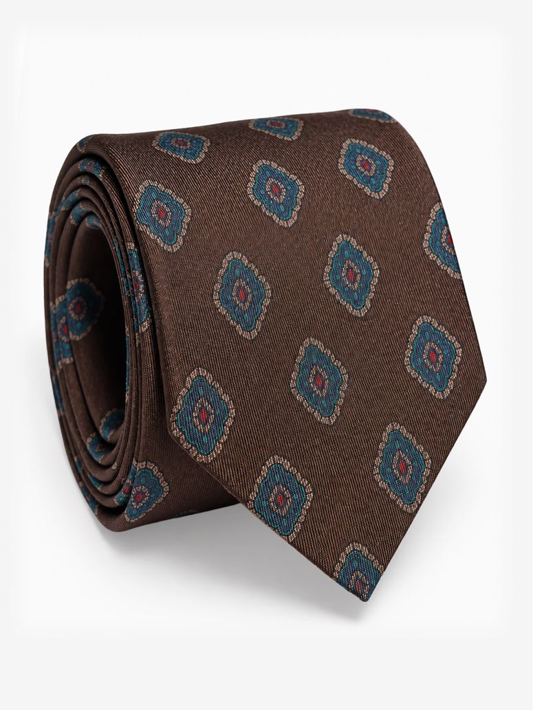 Brown silk tie with retro patterns