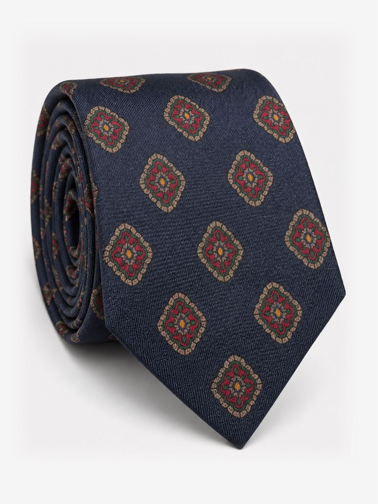 Navy silk tie with retro motifs