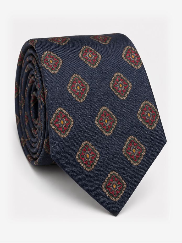 Navy silk tie with retro motifs