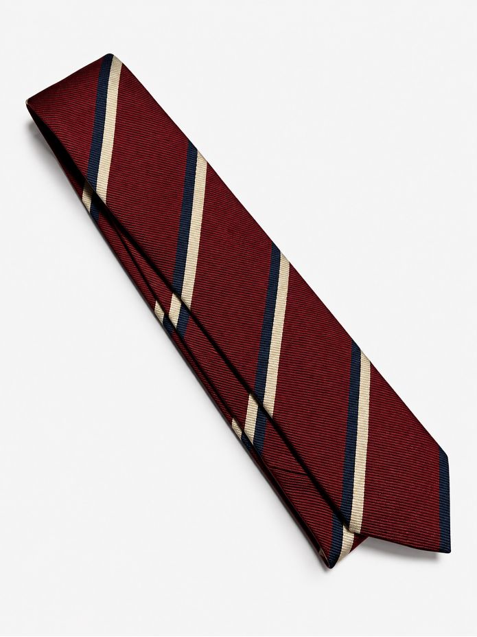 Burgundy club tie with navy blue and cream stripes