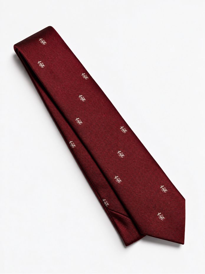 Carmine red silk tie with lion patterns