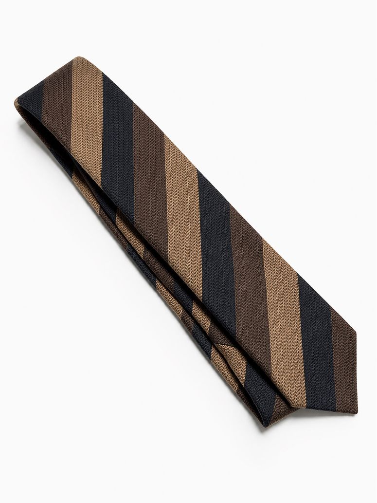 Navy wool club tie with brown stripes