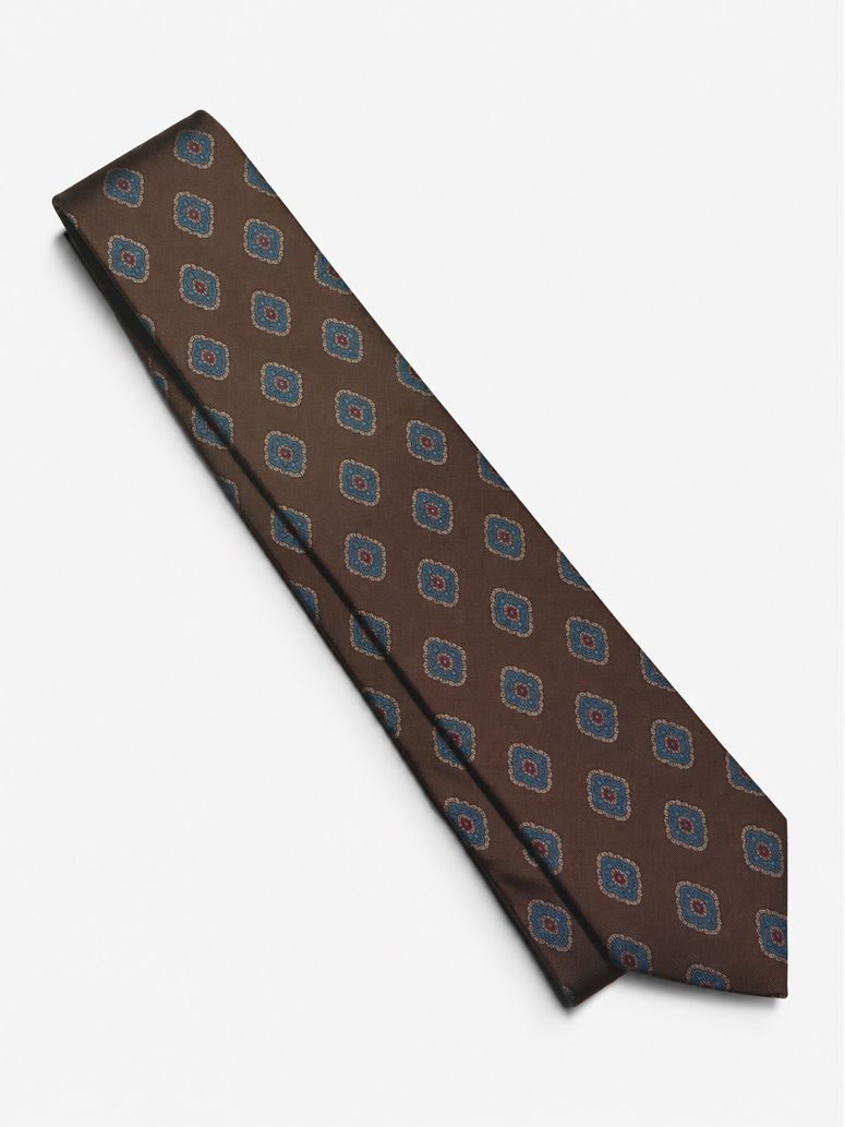 Brown silk tie with retro patterns