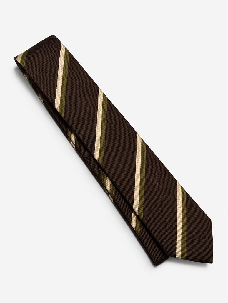 Brown silk club tie with green and cream stripes