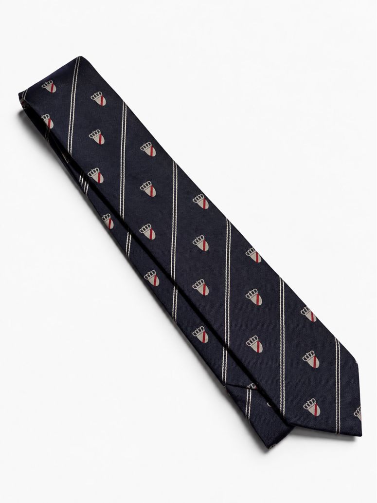 Navy silk tie with coat of arms motifs