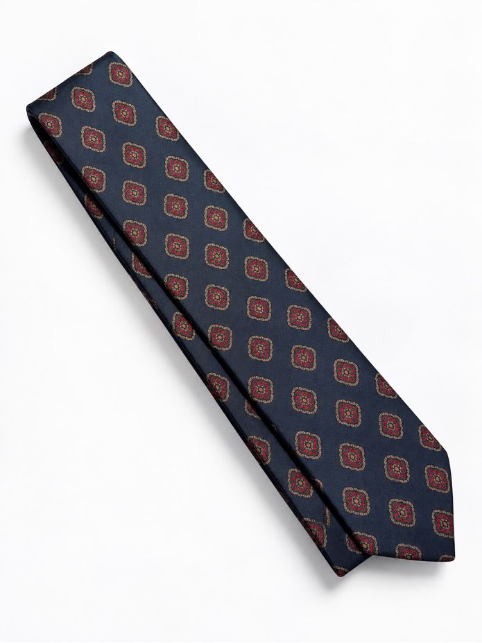 Navy silk tie with retro motifs