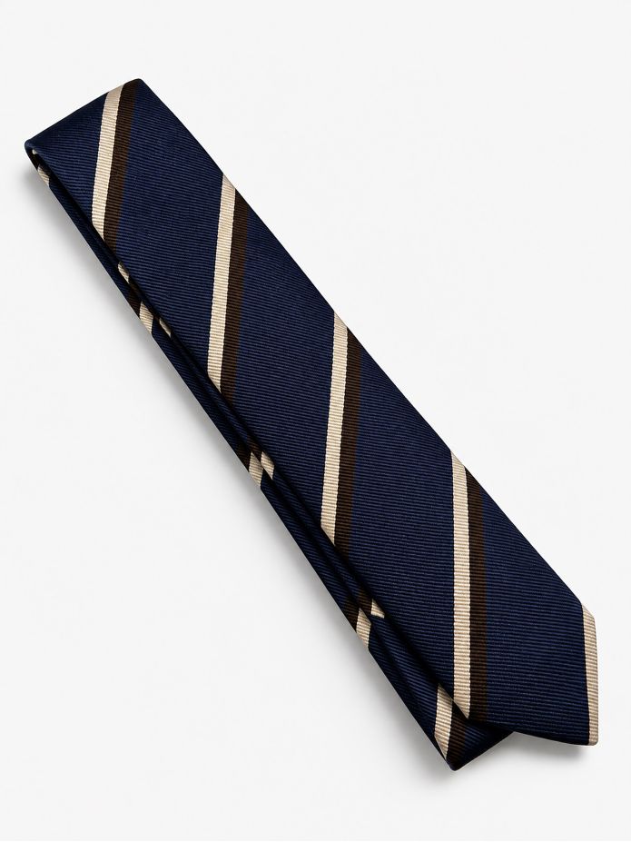 Navy silk club tie with brown and cream stripes