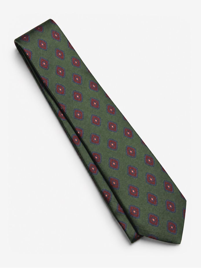 Green silk tie with retro motifs