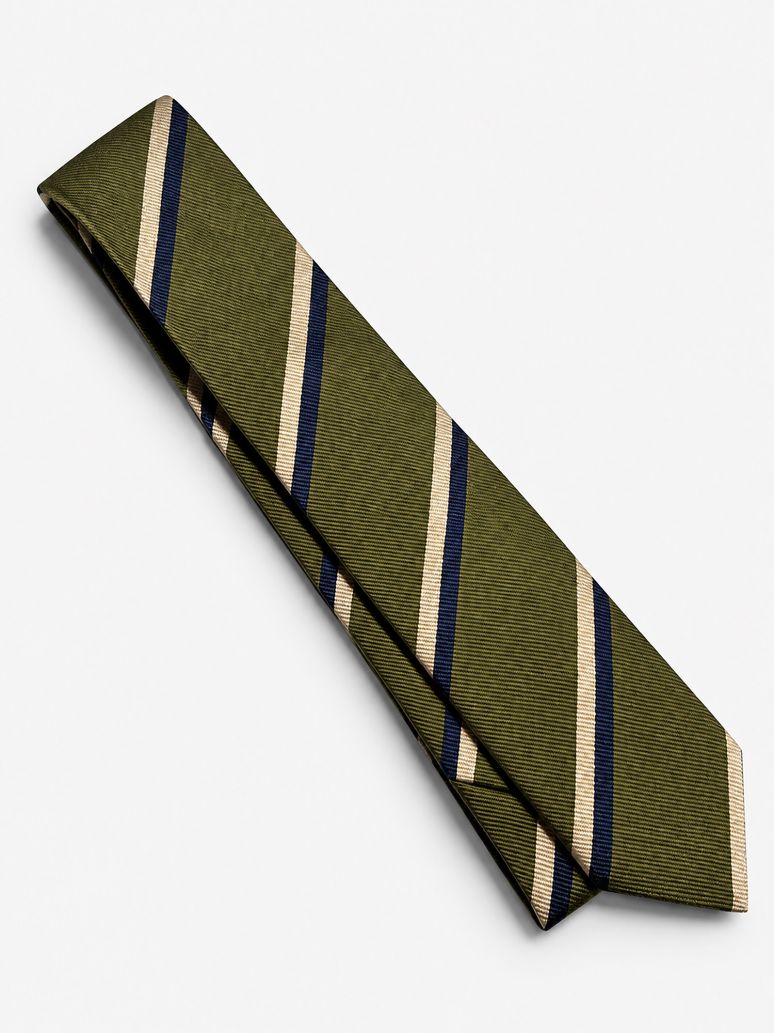 Green silk club tie with navy and cream stripes