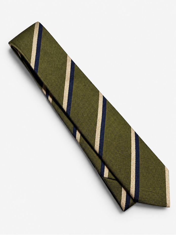 Green silk club tie with navy and cream stripes