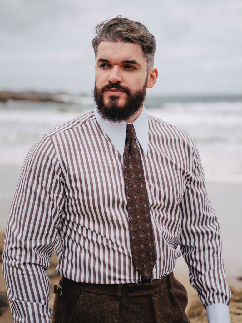 Brown striped spearpoint-collar shirt
