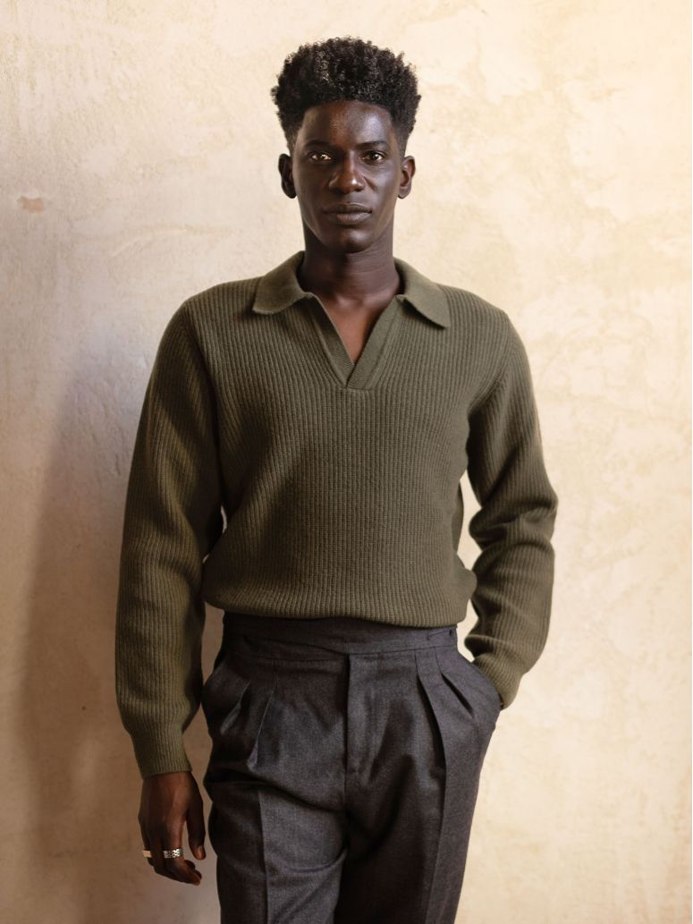 Finn green knit polo-collar sweater