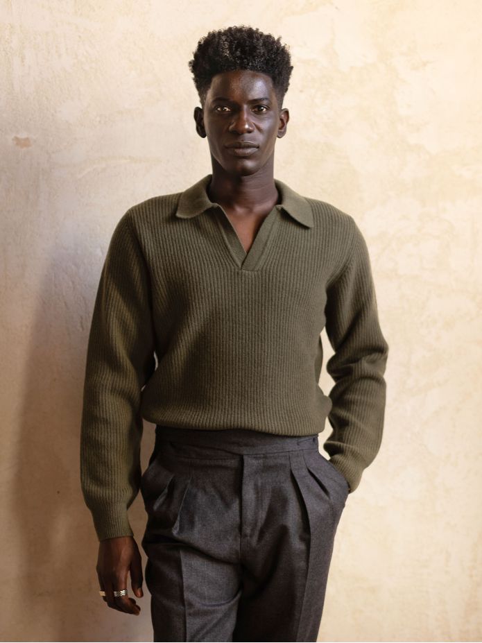 Finn green knit polo-collar sweater