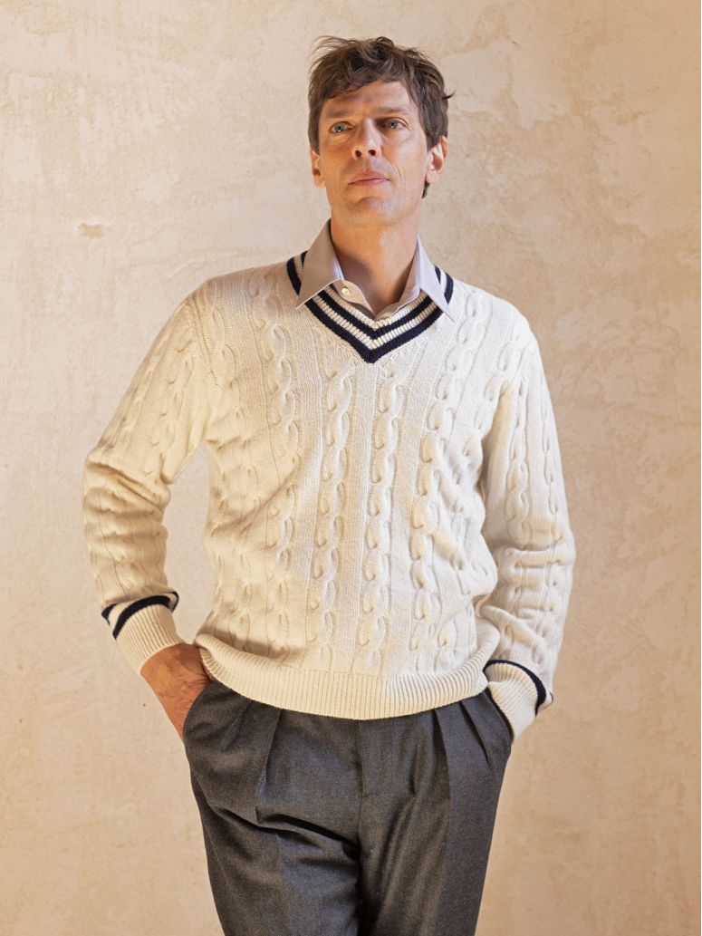 Ecru cable-knit V-neck Scott sweater