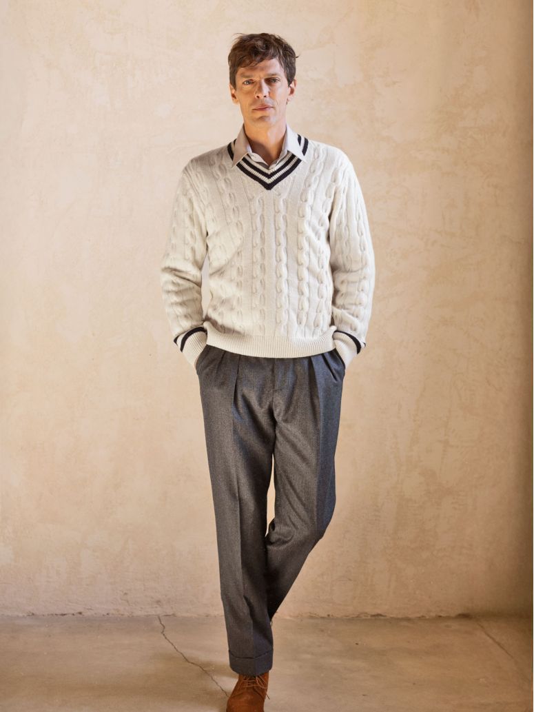 Ecru cable-knit V-neck Scott sweater