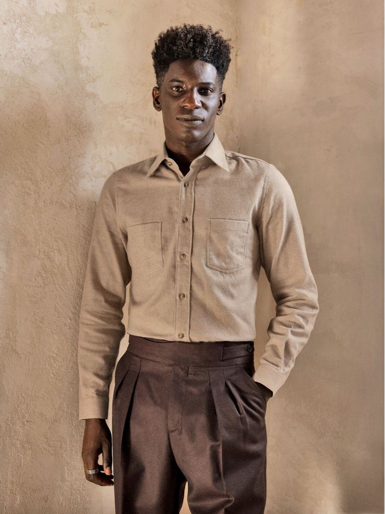 Beige flannel French collar shirt