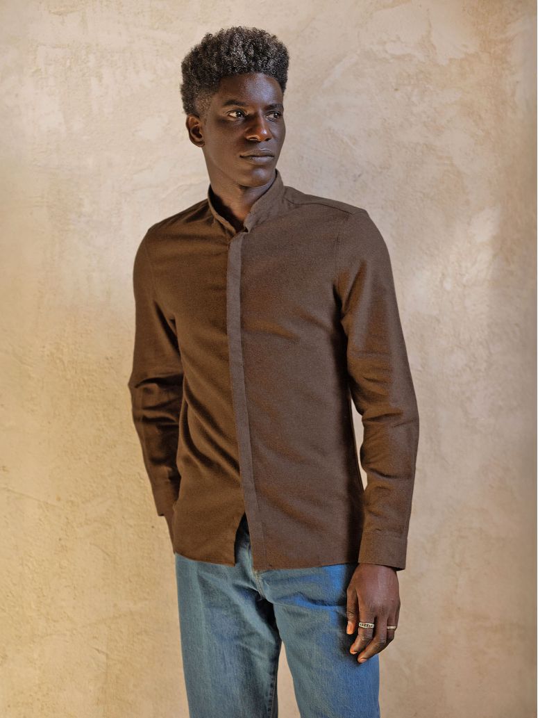Brown flannel Mao collar shirt