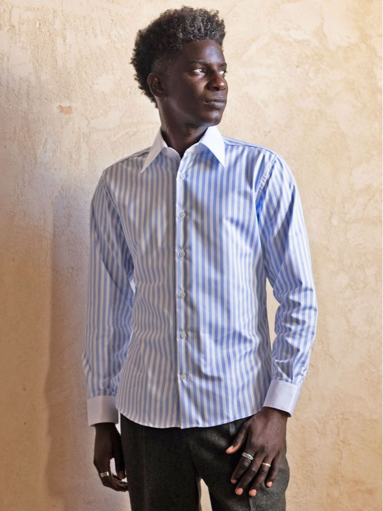 Wrinkle-free French collar shirt with sky blue stripes
