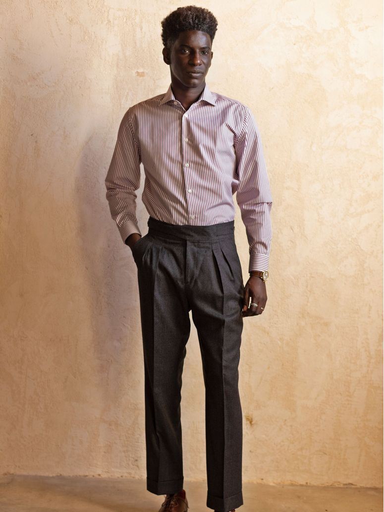 Wrinkle-free Italian collar shirt with burgundy stripes