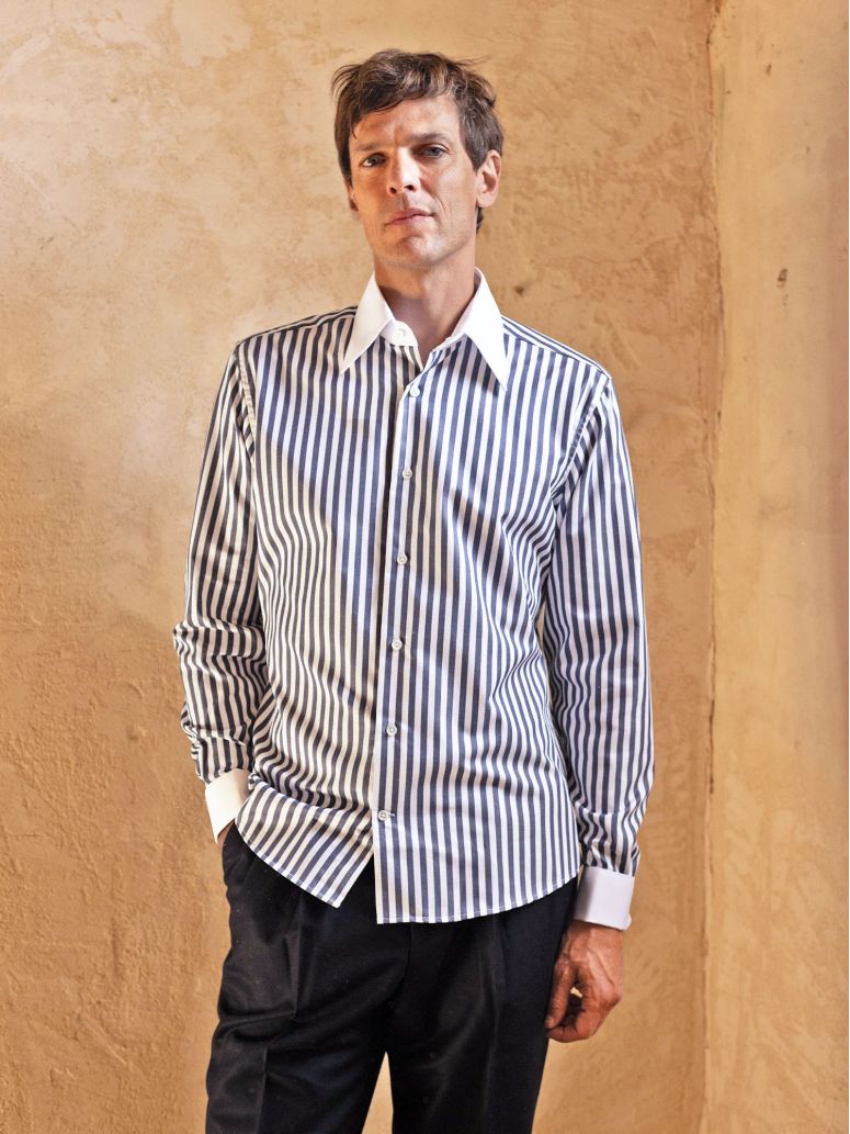French collar shirt with navy blue stripes and French cuffs