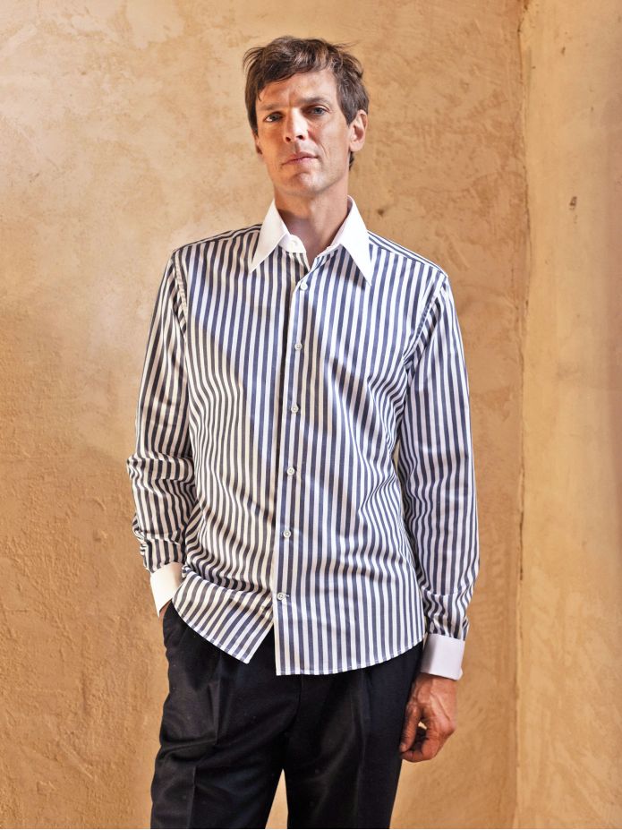 French collar shirt with navy blue stripes and French cuffs