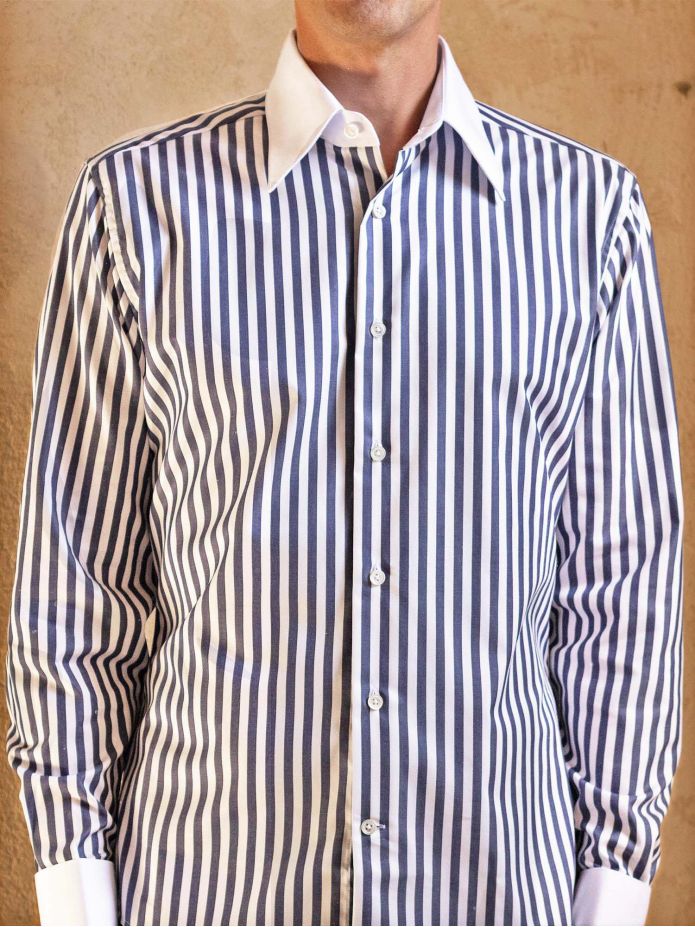 French collar shirt with navy blue stripes and French cuffs