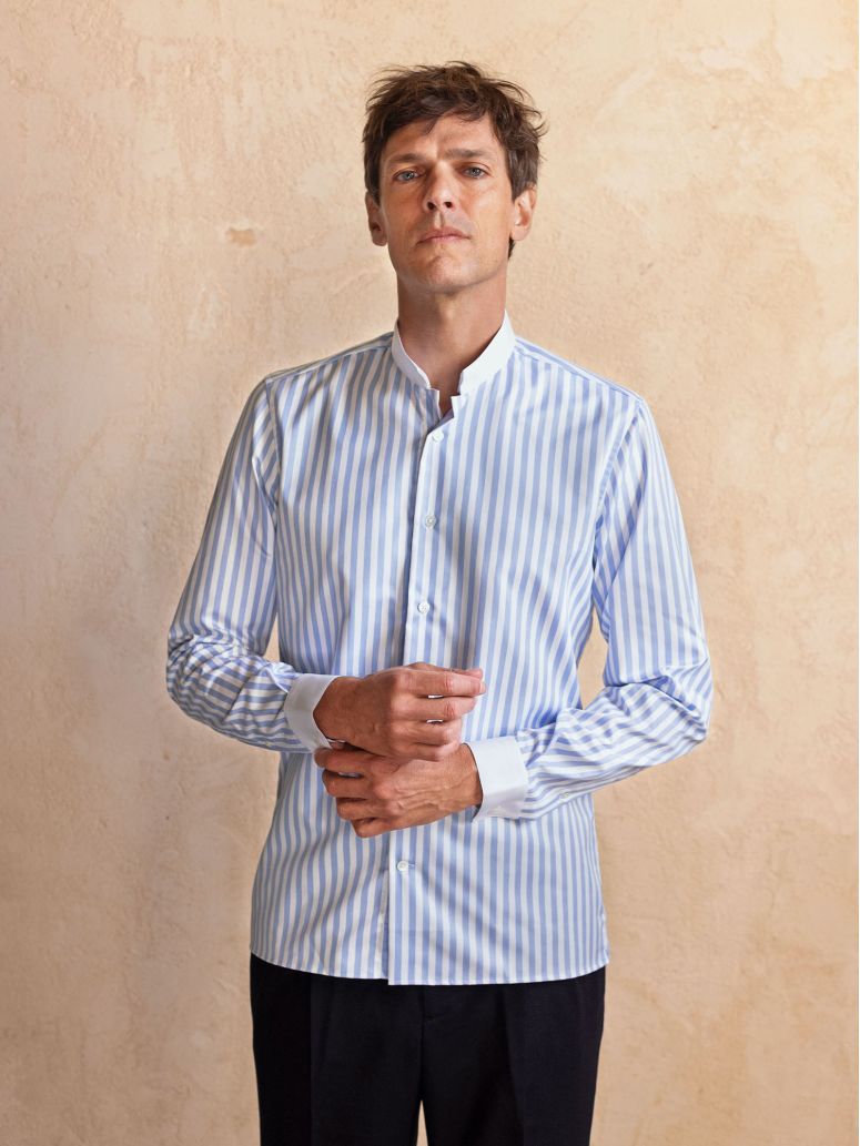 Wrinkle-free cutaway collar shirt with sky blue stripes