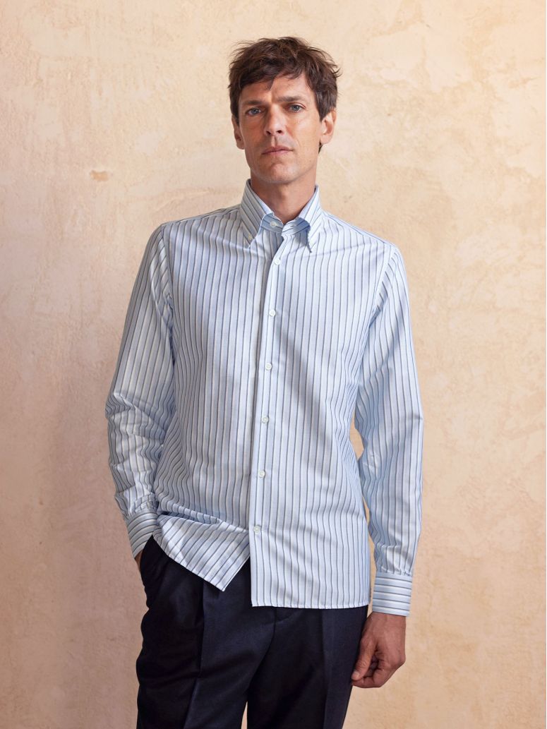 Button-down collar shirt with sky blue and navy blue stripes