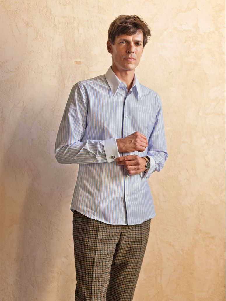 Point collar shirt with sky blue and brown stripes