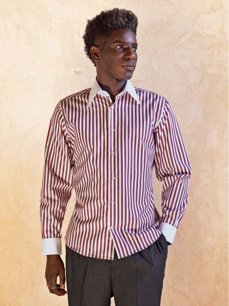 Wrinkle-free French collar shirt with burgundy stripes
