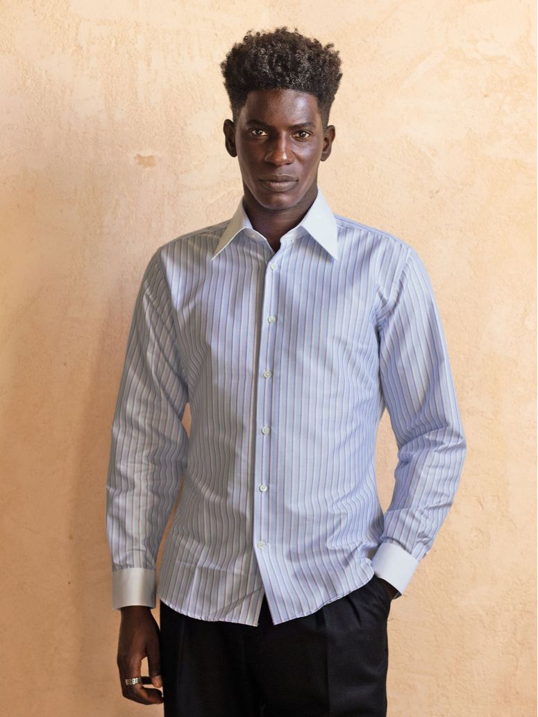 Wrinkle-free French collar shirt with sky blue and purple stripes
