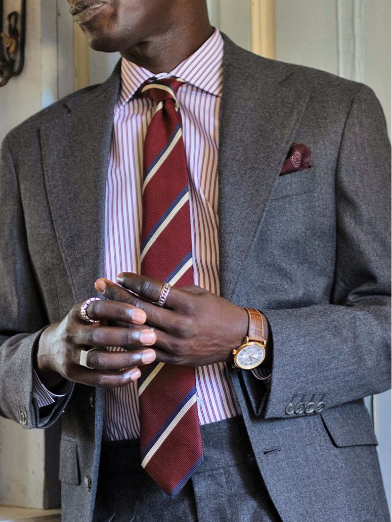 Burgundy silk club tie with navy and cream stripes