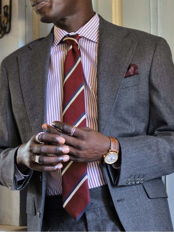 Burgundy silk club tie with navy and cream stripes