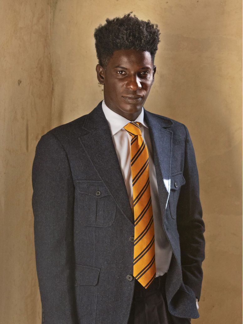 Yellow silk club tie with double stripes