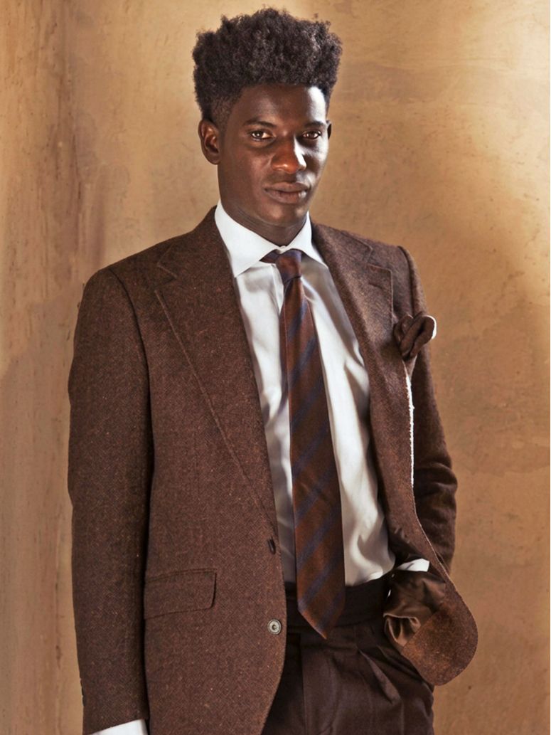Brown silk club tie with double stripes