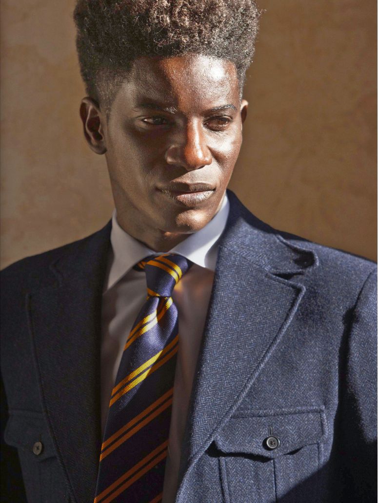 Navy silk club tie with double stripes