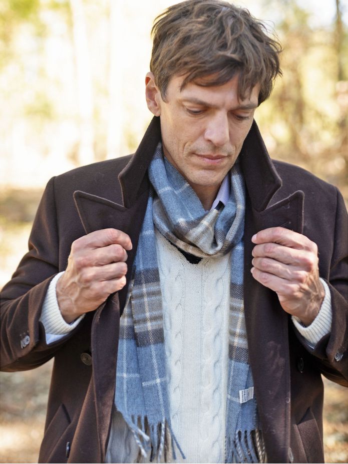 Sky blue plaid wool scarf The Nines x Moon
